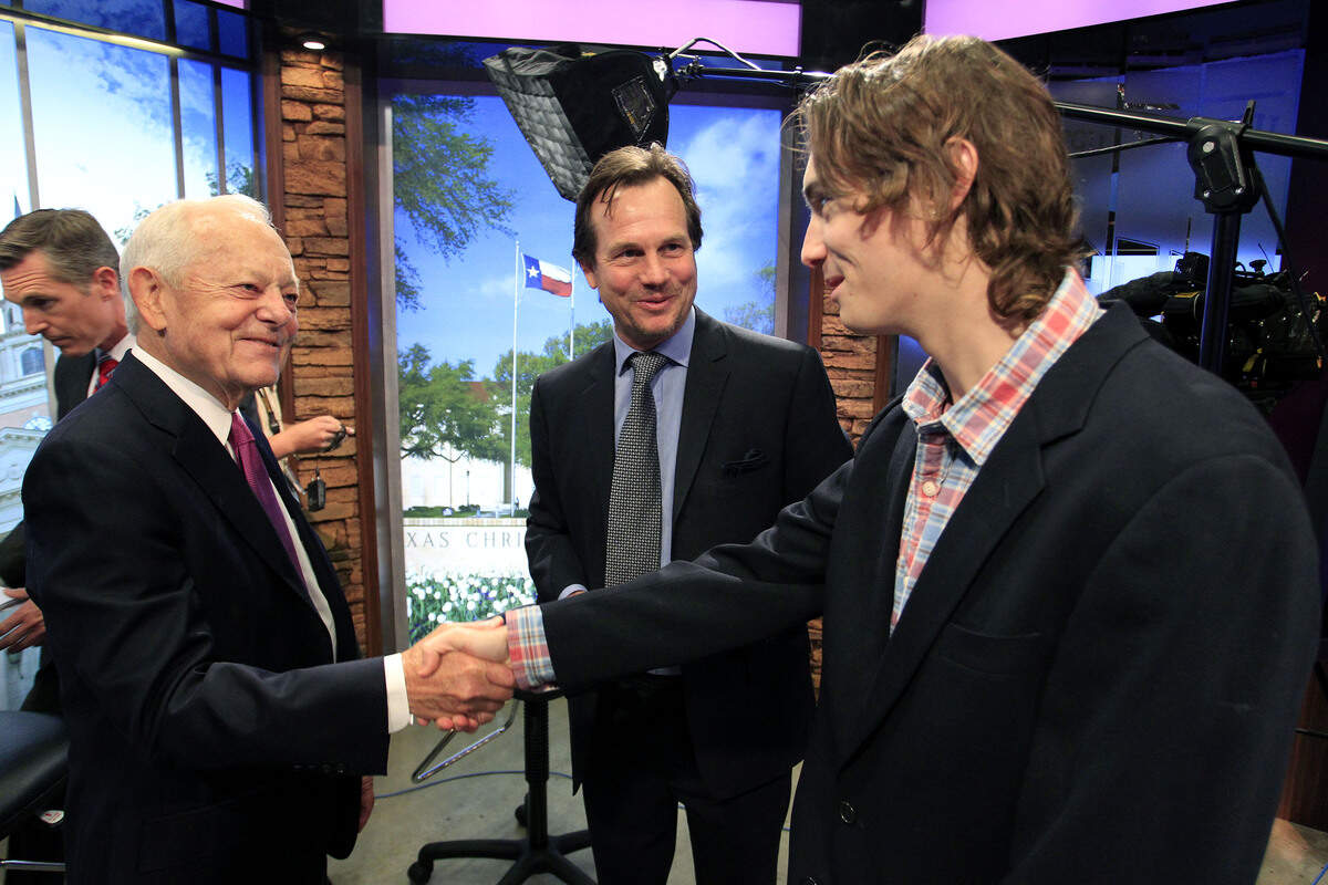Before the event, Bob Schieffer met Bill Paxton's son James Paxton (far right). Journalists who covered the trip to Texas of President John F. Kennedy, and local residents who heard the historic last speech, plan to shared their stories at “Fort Worth Remembers JFK” program at Texas Christian University in Fort Worth. Wednesday, September 11, 2013. Participating are journalist Bob Schieffer and actor Bill Paxton. The Schieffer School of Journalism and the Star-Telegram are partners in producing the program.